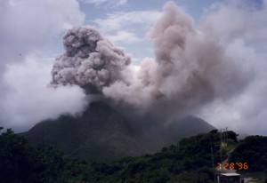 Vertical eruption column from Soufriere Hills, July 1996.